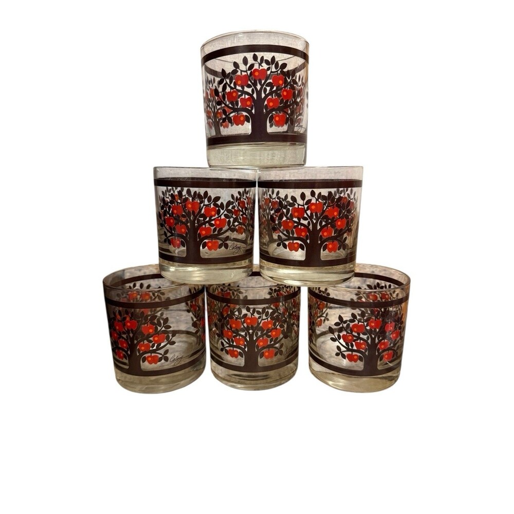 Colony Glass Tumbler Set 6 OS Red Good Vintage‎ Apple Tree MCM Lowball Glasses